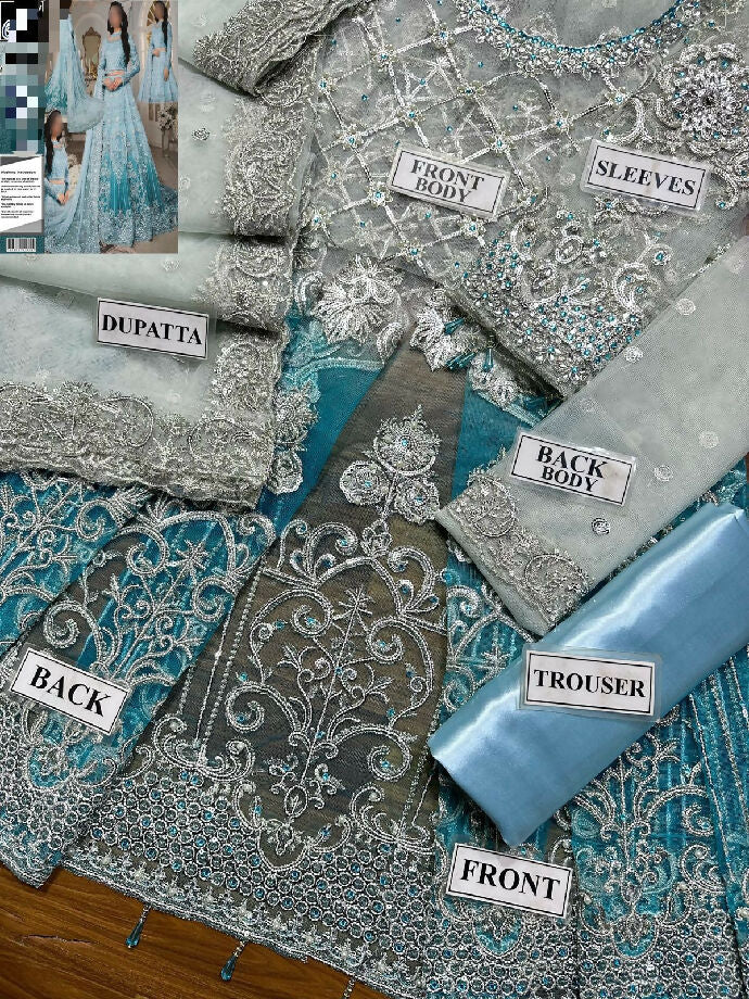 BRAND:*MARIA.B* net embroidered sequence hand embellished luxury maxi unstitced 3pc✓ * front body: embroidered pearls sequence & hand work * back body: embroidered sequence * sleeves: embroidered pearls sequence & hand work * maxi: tye & dye embroidere