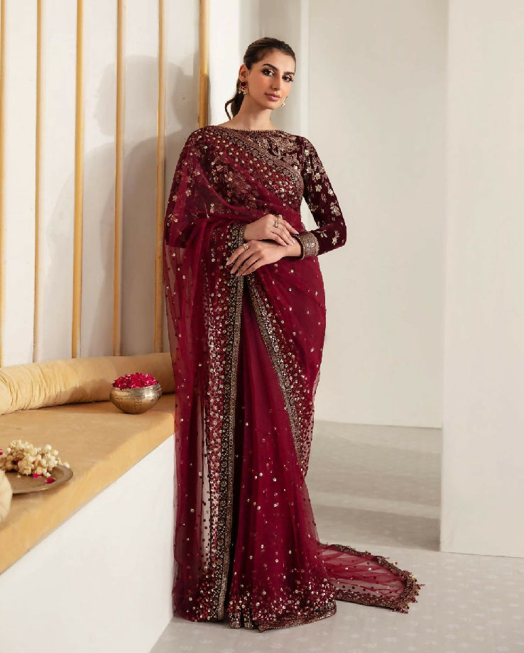 JAZMIN special Net Saree with Velvet body and sleeves with satin silk trousers