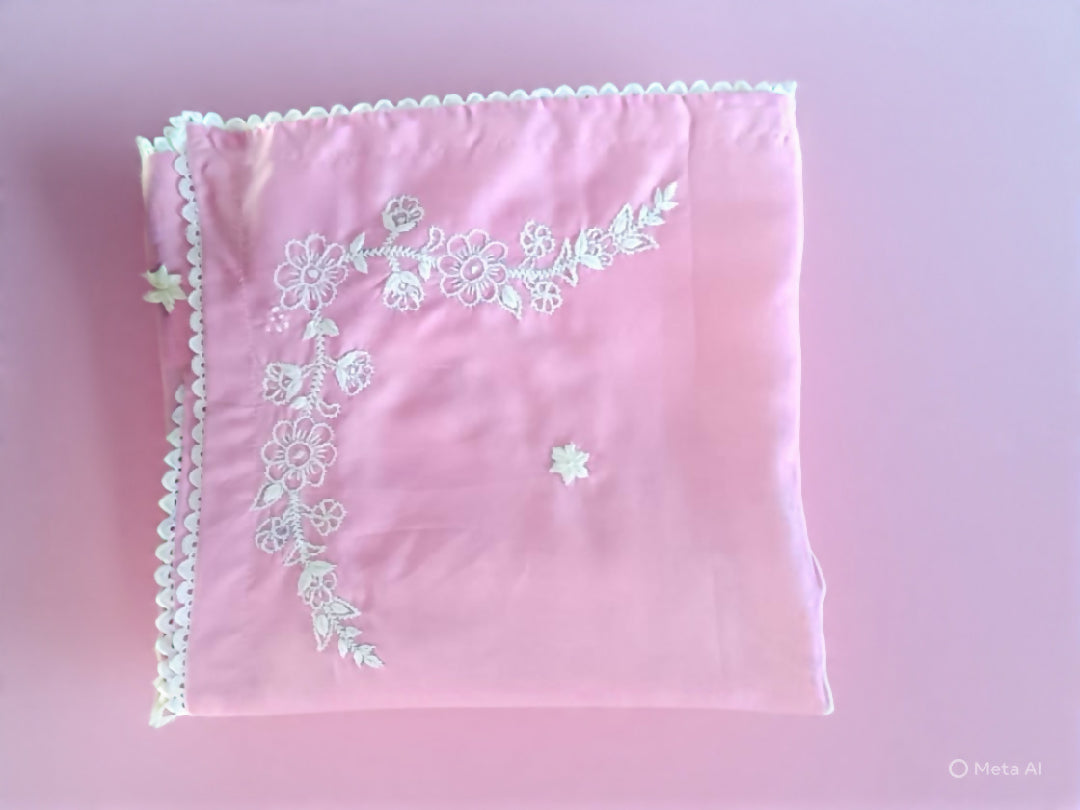 Premium Pink Namaz Chadar with White Embroidery & Lace Finishing