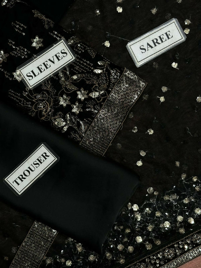 JAZMIN special Net Saree with Velvet body and sleeves with satin silk trousers