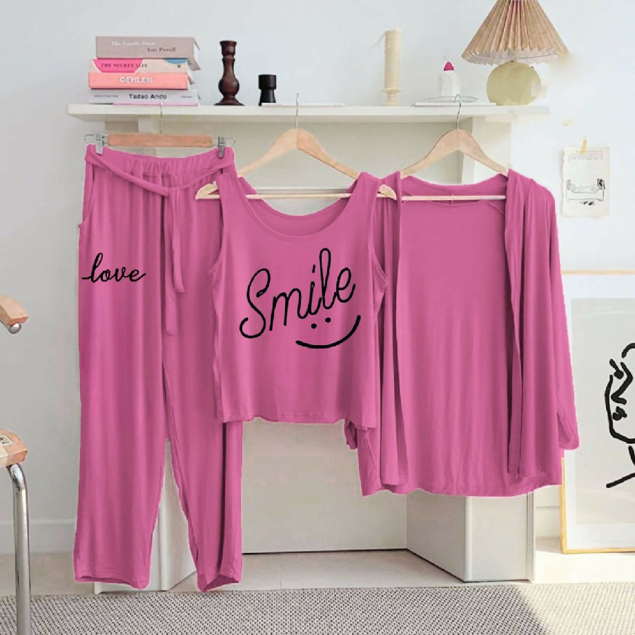 Women’s 3-Piece Cotton Nightwear Set – Pink Pajama, Printed Top & Shrug