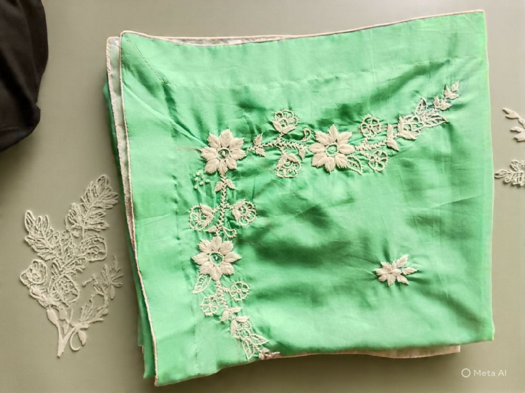 Premium Mint Green Namaz Chadar — White Embroidered Premium Linen Prayer Sheet