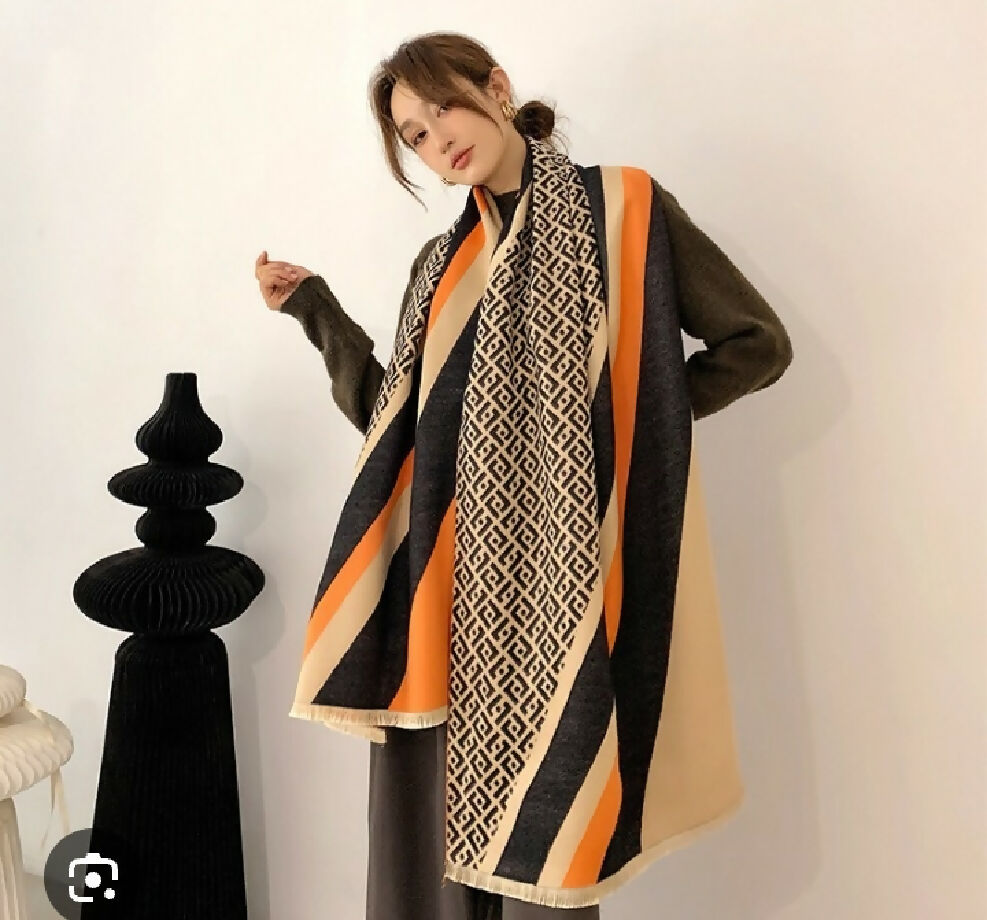 Fashionable geometric orange & black colour shawl for women (UK product))