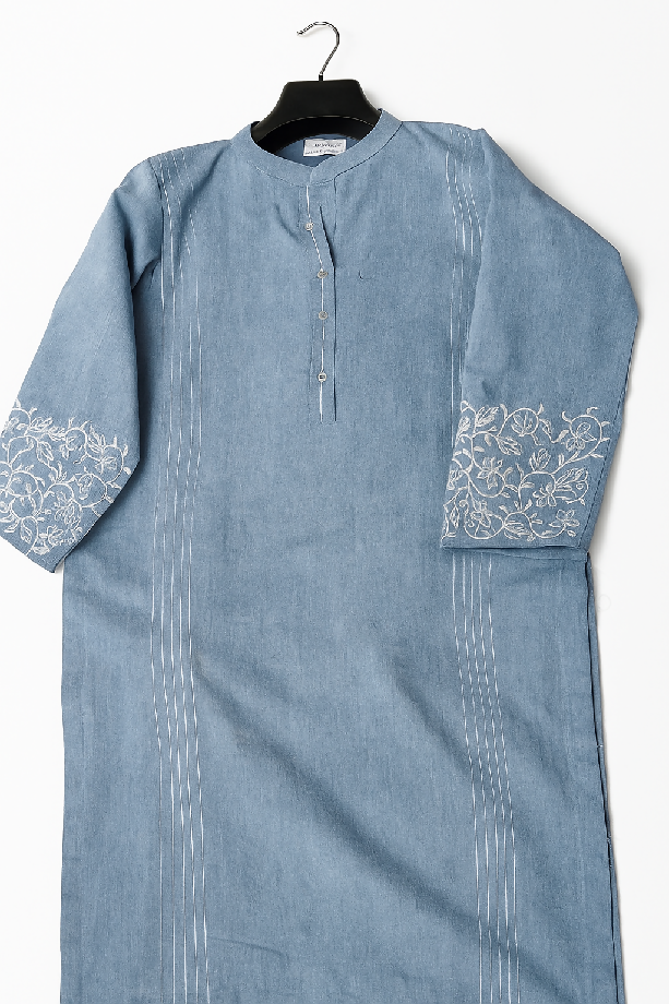 Kamalia Khaddar 3-Piece Set with Shawl in Denim Grey & Blue Shades Stitched