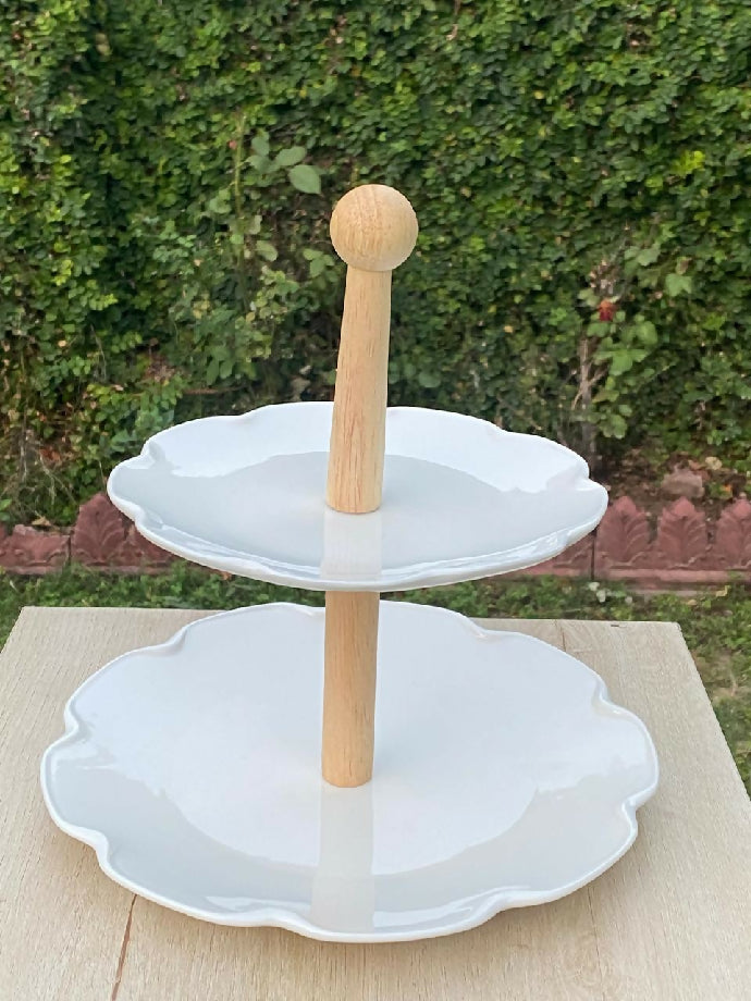 2-Tier Ceramic floral Serving Stand with Wooden Handle