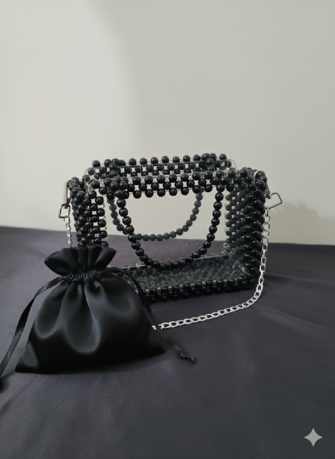Black Acrylic Beaded Handbag with Pouch