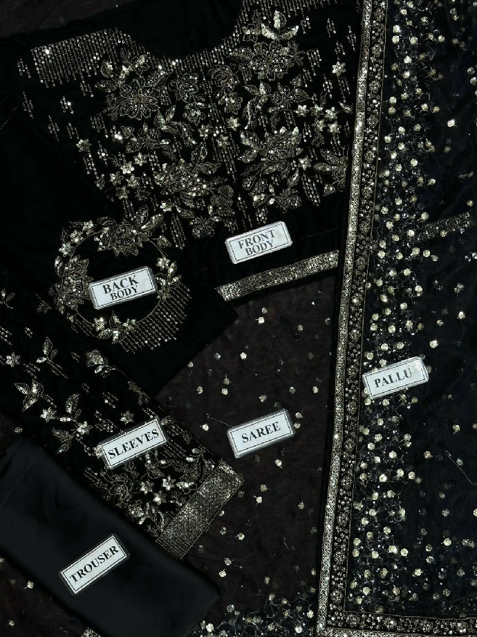 JAZMIN special Net Saree with Velvet body and sleeves with satin silk trousers