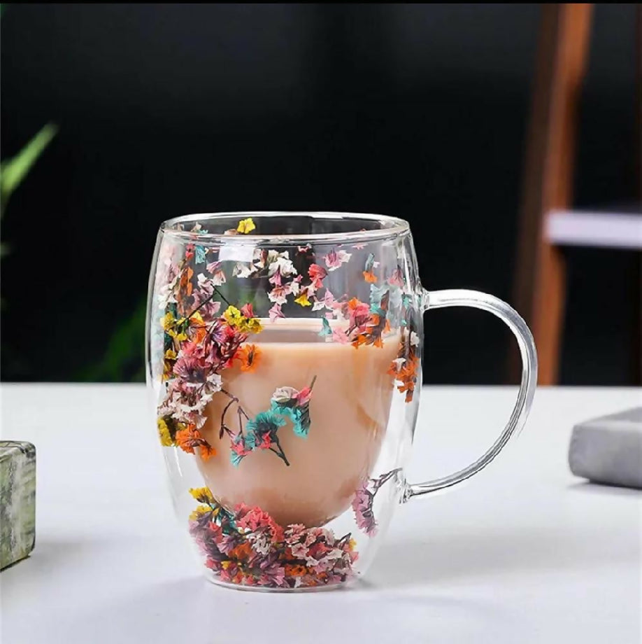 Duble glass artificial flowers transparent coffee mug 350 ml