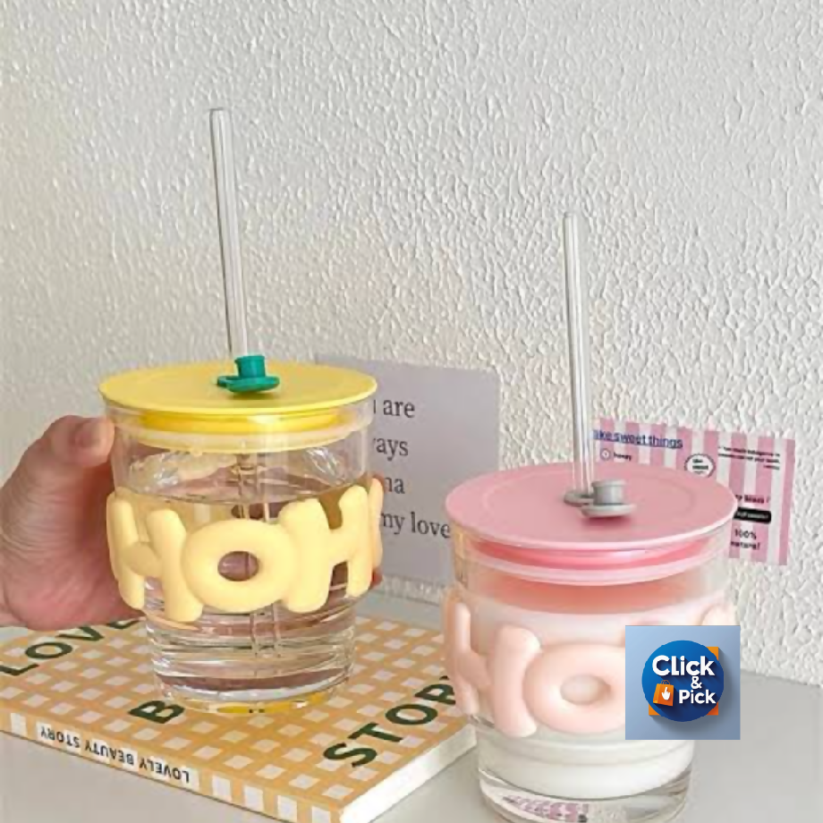 Cute HOH Glass Tumbler with Silicone Lid & Sleeve – Portable Coffee & Juice Mug