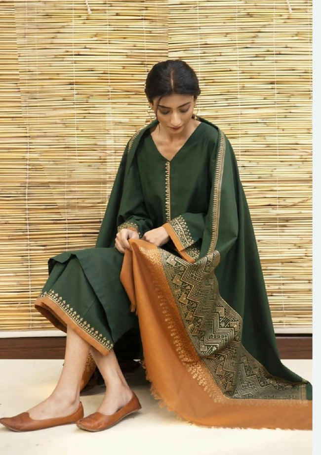 Unstitched Embroidered Dhanak Three Piece with printed shawl