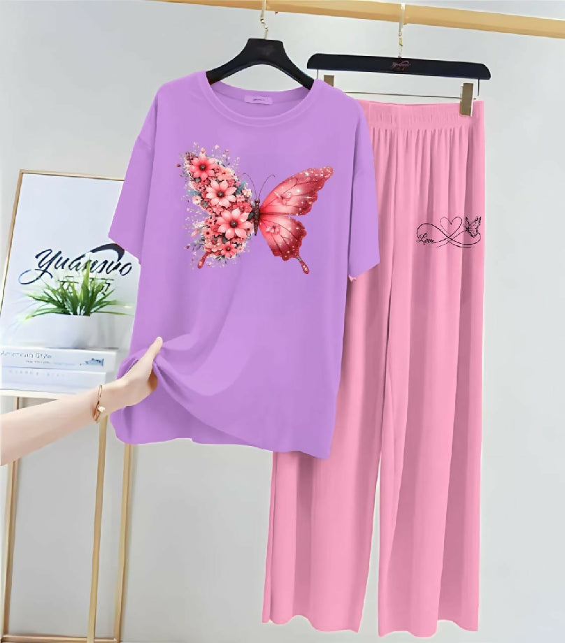 Girl’s Nightwear Set – butterfly Printed T-Shirt and pink trouser