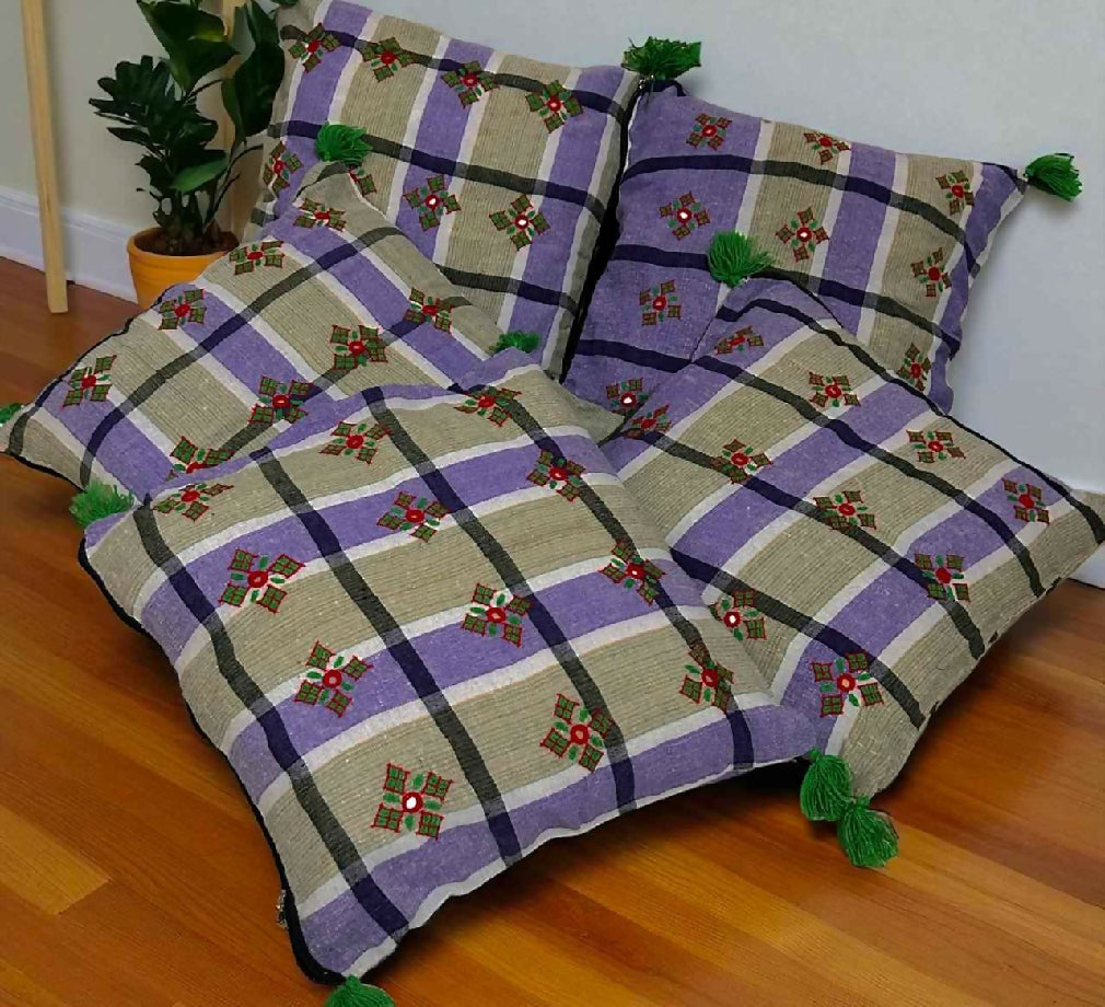 Check style embroidered cushion cover