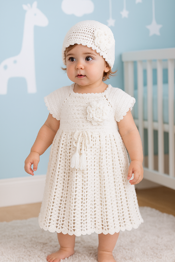 Adorable 2-Year-Old Baby in Crochet Dress & Hat