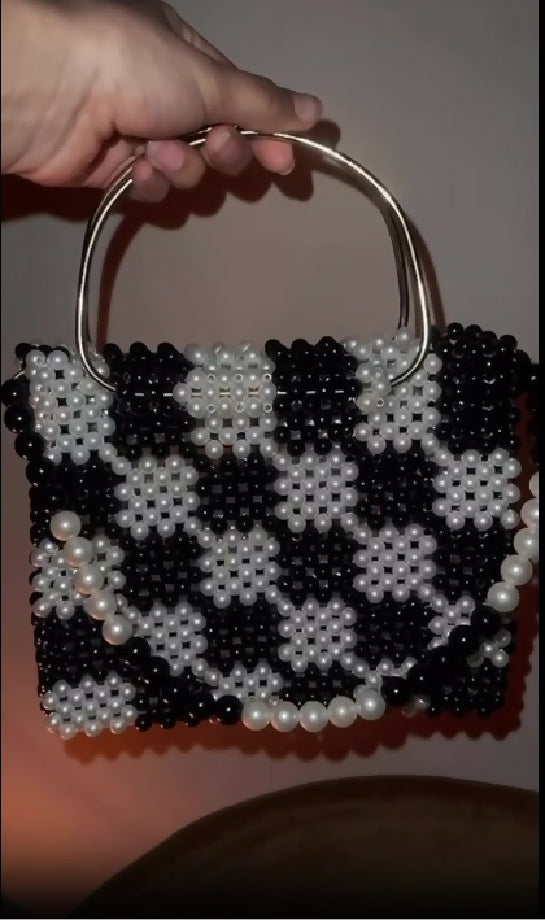 Chic Beaded Handbag – Black & White Floral Check