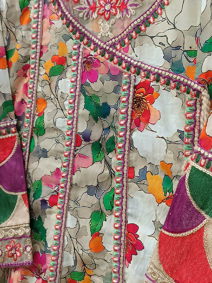 Cotton Lawn Angrakha Frock with Trouser & Chiffon Dupatta