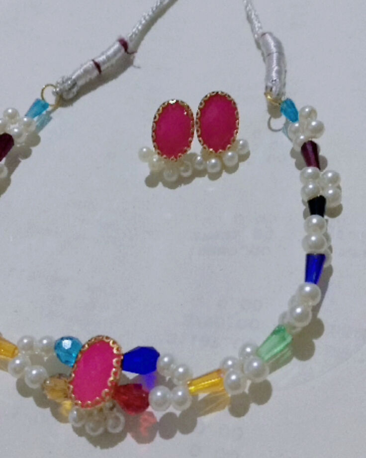 Handmade pearl and colorful moti with pink stone and mini earrings