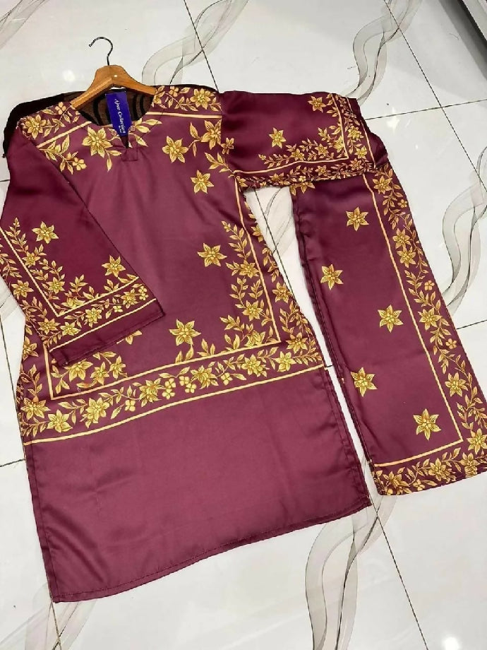 2 Pcs Women's Stitched Shamoz Silk Printed Co-Ord Set