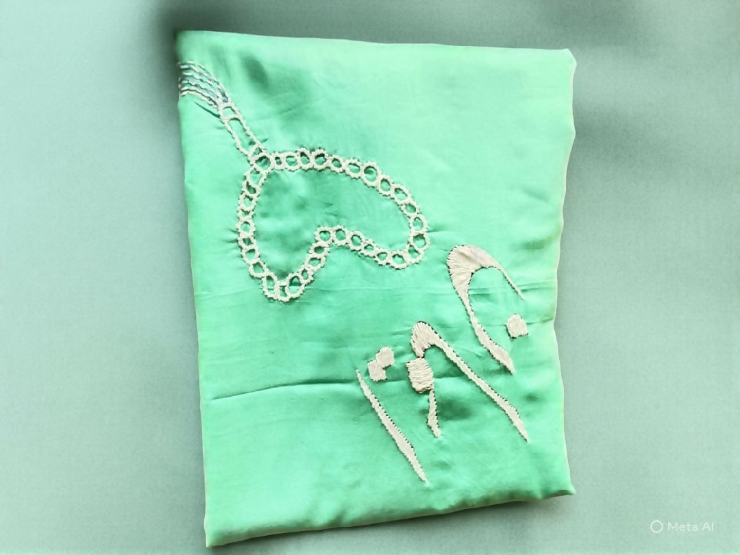 Premium Mint Green Namaz Chadar — White Embroidered Premium Linen Prayer Sheet