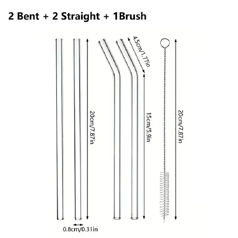 Glass Straw With Cleaning Brush - Pack of 5 (2 Bent straw + 2 Straight Straw and 1 Cleaning Brush)
