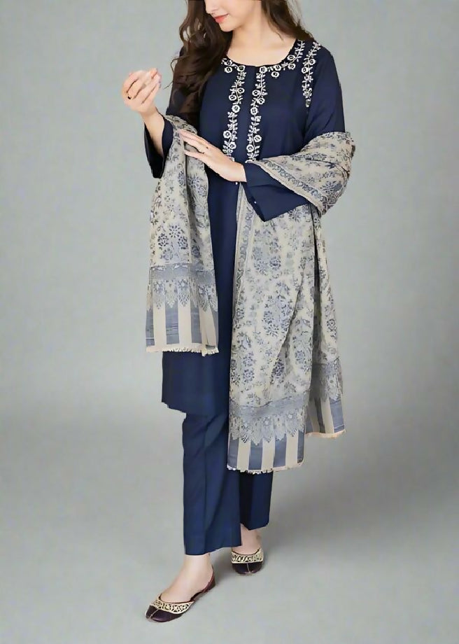 Unstitched Embroidered Dhanak Three Piece with printed shawl