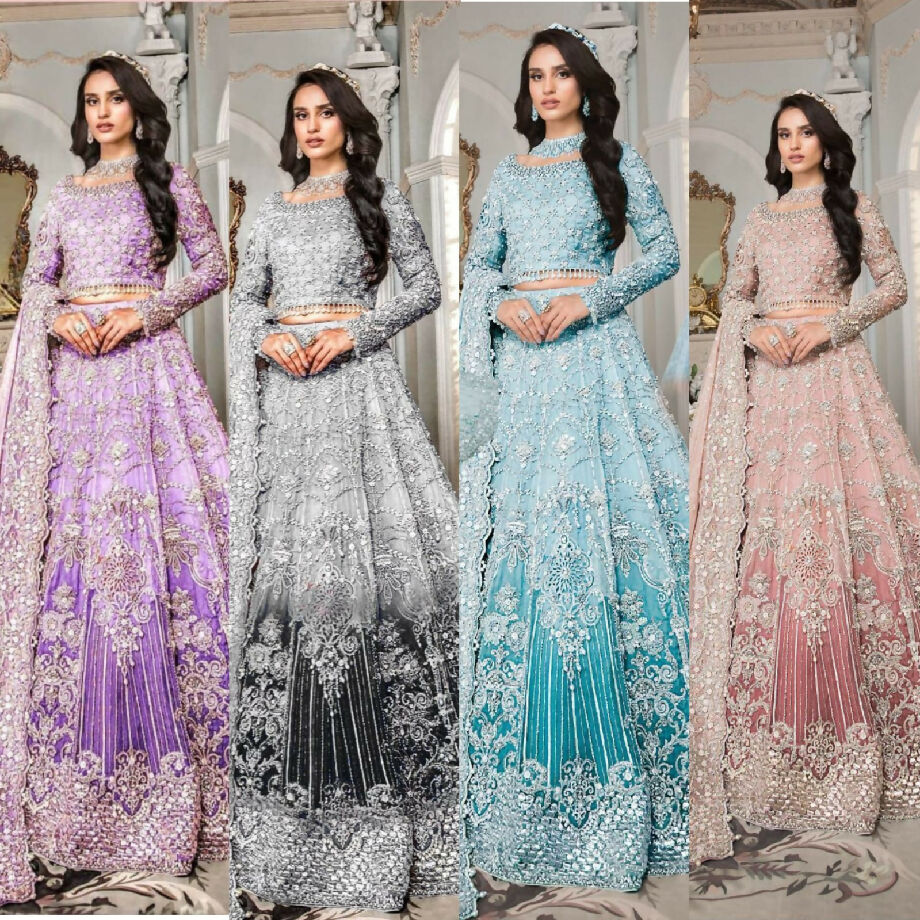 BRAND:*MARIA.B* net embroidered sequence hand embellished luxury maxi unstitced 3pc✓ * front body: embroidered pearls sequence & hand work * back body: embroidered sequence * sleeves: embroidered pearls sequence & hand work * maxi: tye & dye embroidere