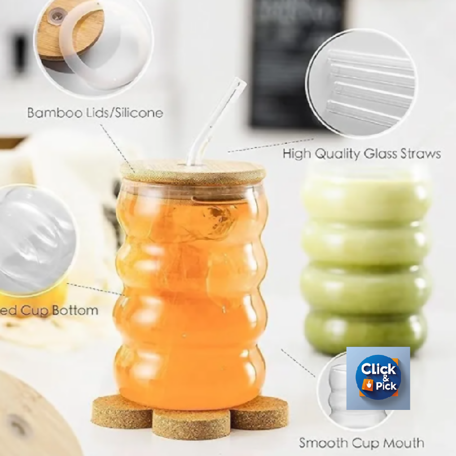 Bee Hive Glass Cup with Bamboo Lid & Straw – Aesthetic Honey Jar Style Drinkware