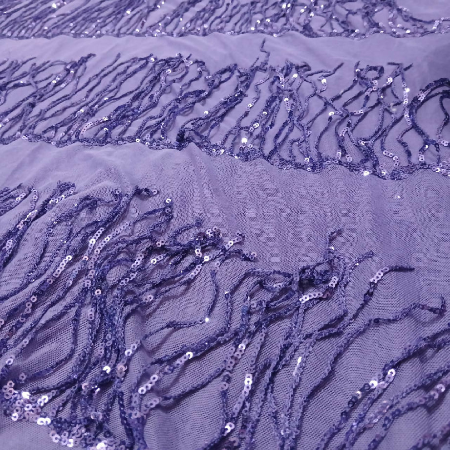 Lavender Sequin Fringe Net Fabric Cutpiece (Imported fancy dress material)