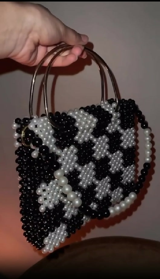 Chic Beaded Handbag – Black & White Floral Check
