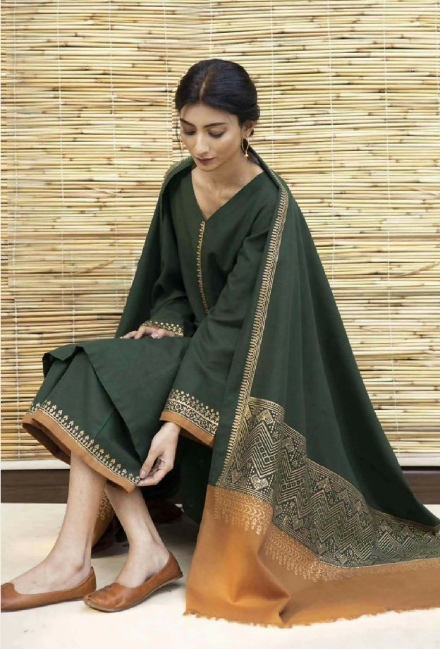 Unstitched Embroidered Dhanak Three Piece with printed shawl