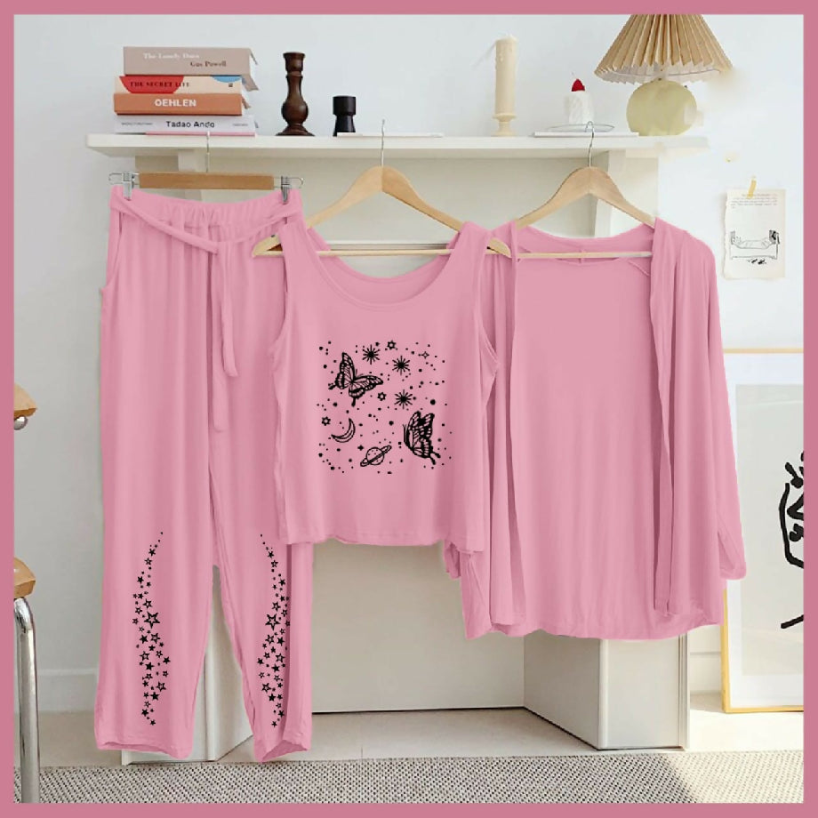 Women’s 3-Piece Cotton Nightwear Set – Pink Pajama, Printed Top & Shrug