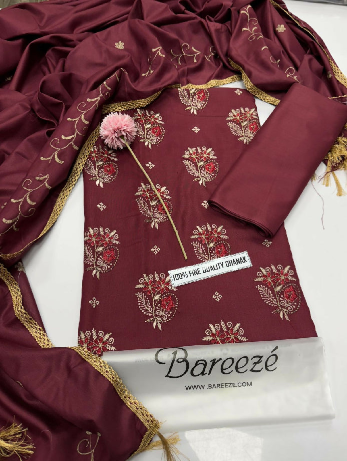 Unstitched Embroidered Dhanak Three Piece