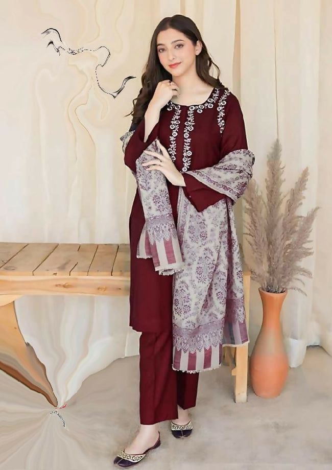 Unstitched Embroidered Dhanak Three Piece with printed shawl