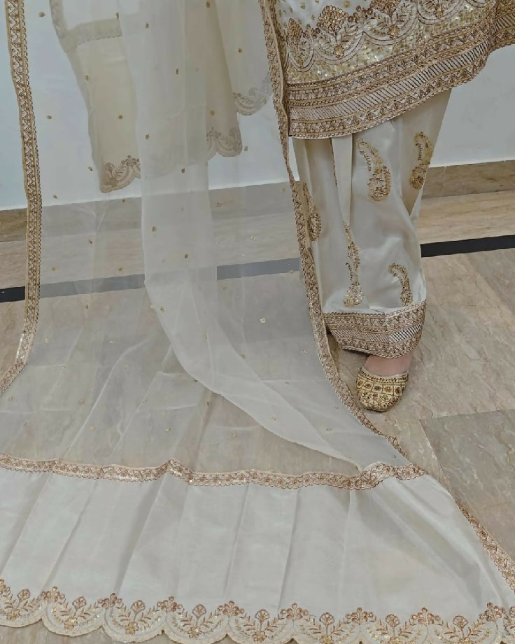 SEQUENCE Kattan embroidery shirt with farshi shalwar and organza duppata