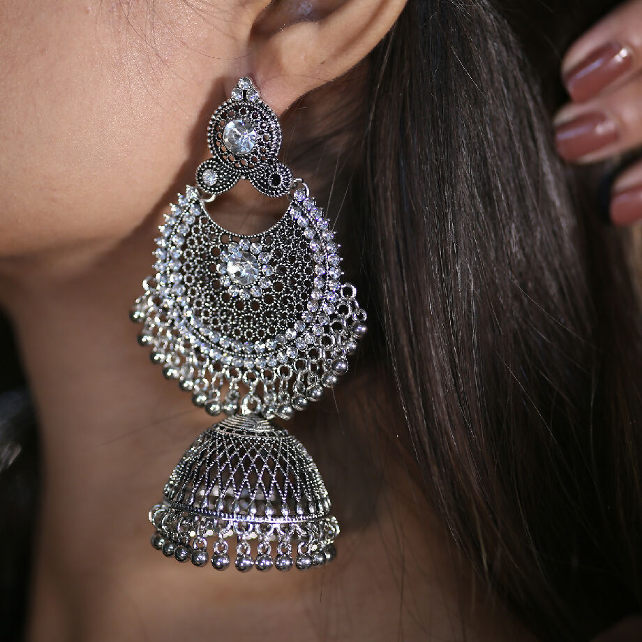 Traditional Heavy Jhumka Earrings with Stone Embellishment
