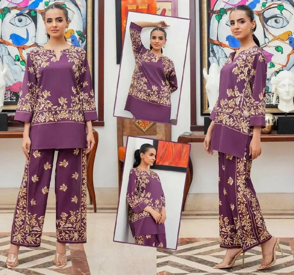 2 Pcs Women's Stitched Shamoz Silk Printed Co-Ord Set