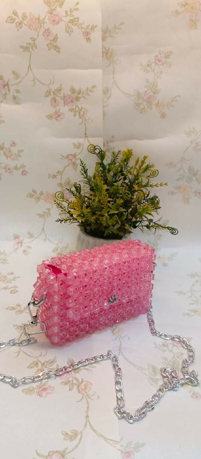 Vibrant Pink Beaded Bag with Silver Chain