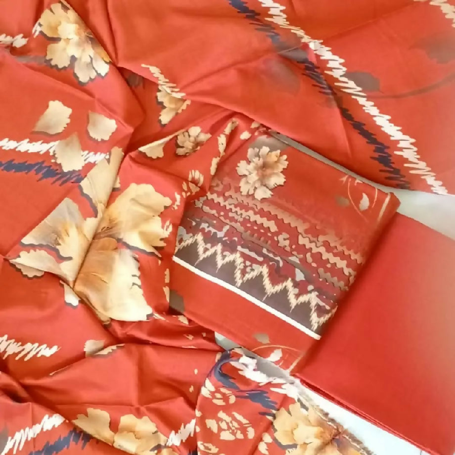 3-Piece Imported Viscose Suit – Rust & Beige Floral Unstitched Winter Wear