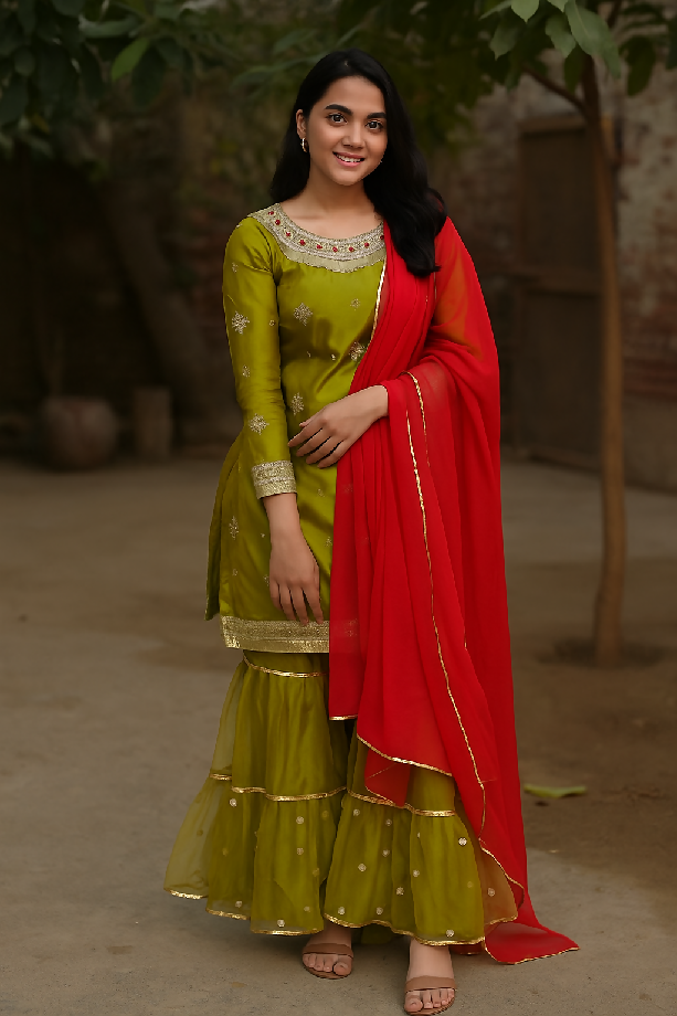 Kathan Silk Shirt with Net Sharara & Pink Net Dupatta – Mirsab Collection