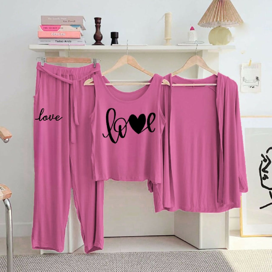 Women’s 3-Piece Cotton Nightwear Set – Pink Pajama, Printed Top & Shrug