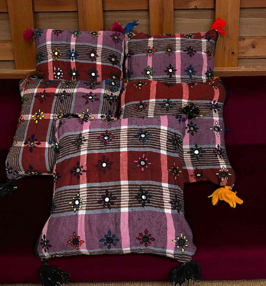 Check style embroidered cushion cover