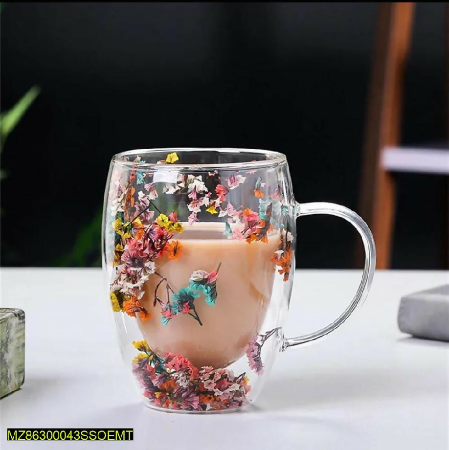 Duble glass artificial flowers transparent coffee mug 350 ml