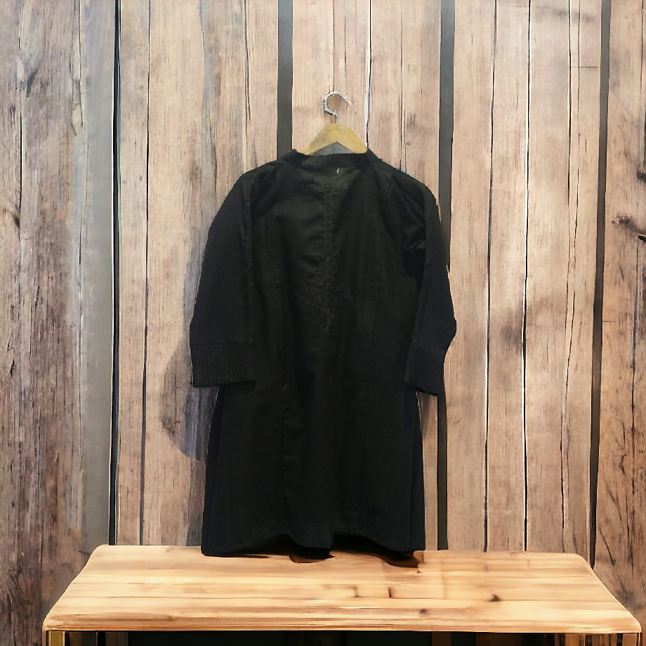 Black Khaddar 2-Piece Short Frock with Fully Embroidered Trouser"