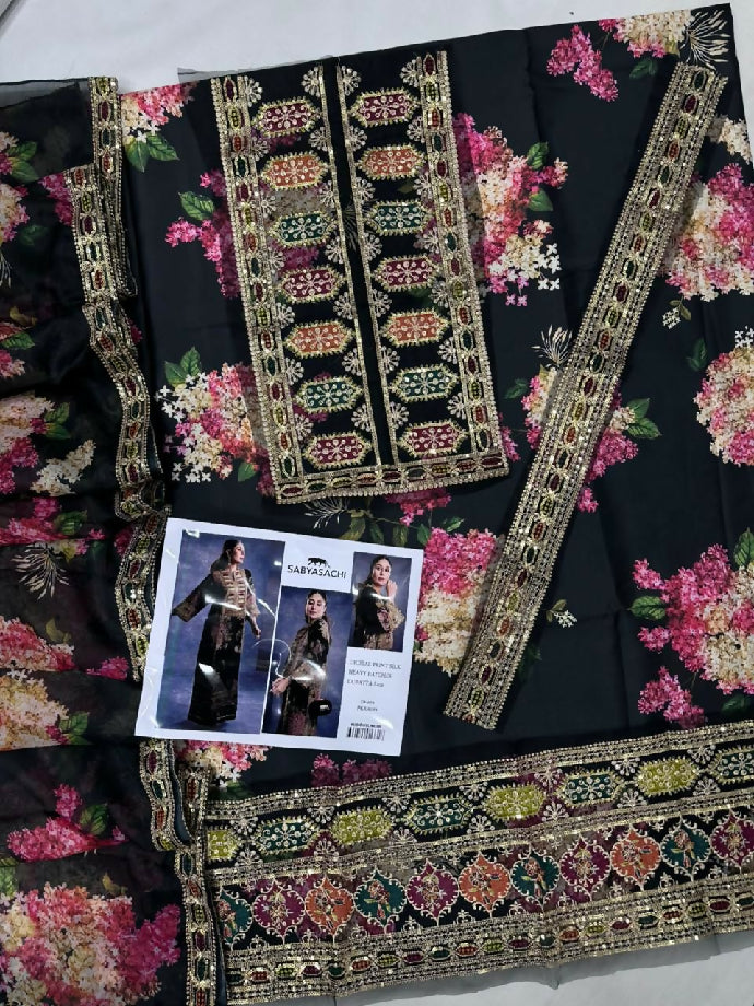 Sabyadachi Pure Silk 3-Piece Suit with Heavy Embroidery & 4-Side Lace Dupatta