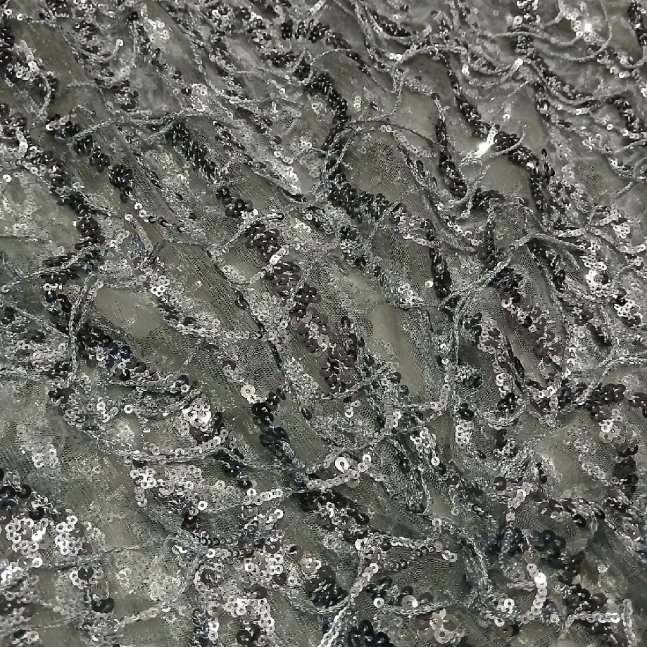 Silver grey Hanging Sequin Fabric on Net, Luxury Party & fancy dress Material (Imported Maxi Material)