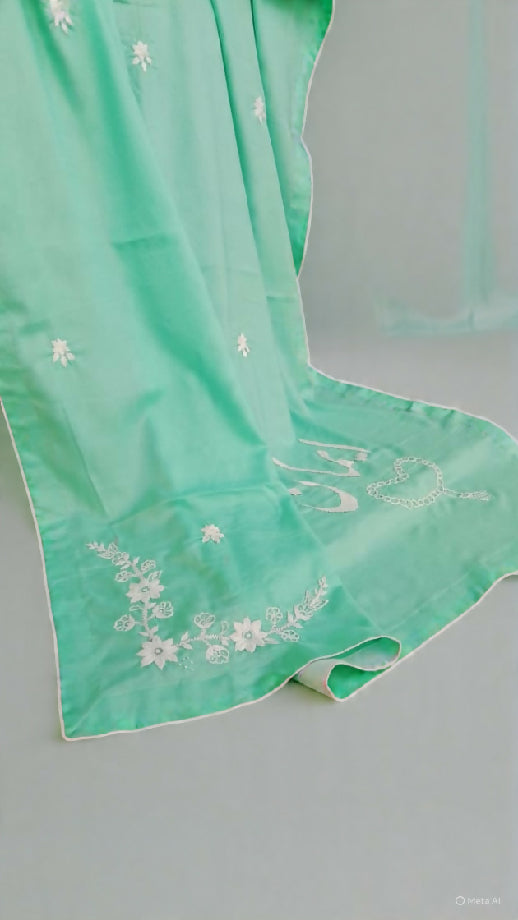Premium Mint Green Namaz Chadar — White Embroidered Premium Linen Prayer Sheet