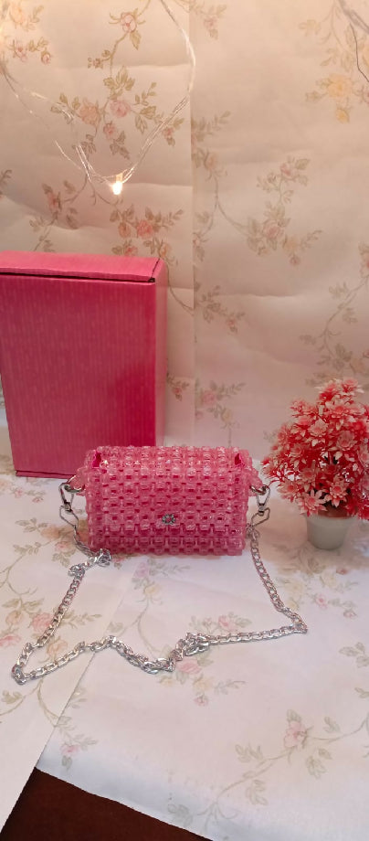 Vibrant Pink Beaded Bag with Silver Chain