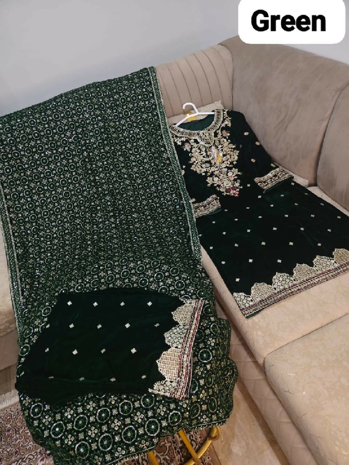 Embroidered velvet shirt plazo with shawl