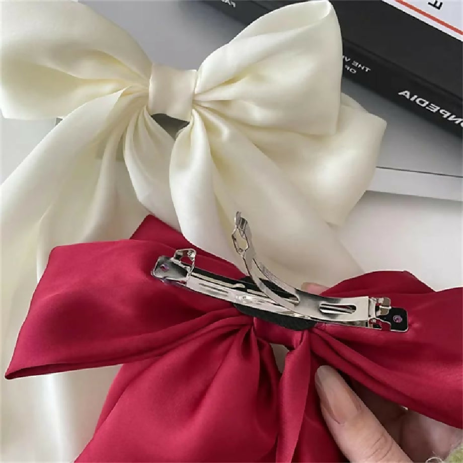 *Elegant Bow Ribbon Hair Clip Fashion Simple Solid Satin Spring Clip Hair Pin Retro Headband with Clips Girls Hair Accessories*