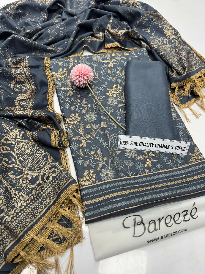Unstitched Embroidered Dhanak Three Piece