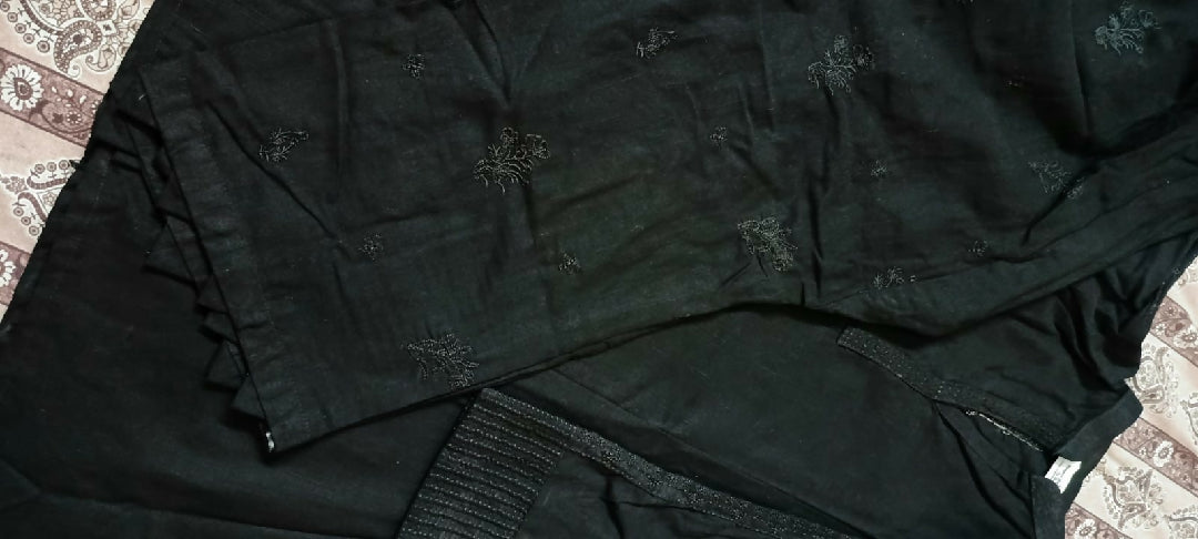 Black Khaddar 2-Piece Short Frock with Fully Embroidered Trouser"